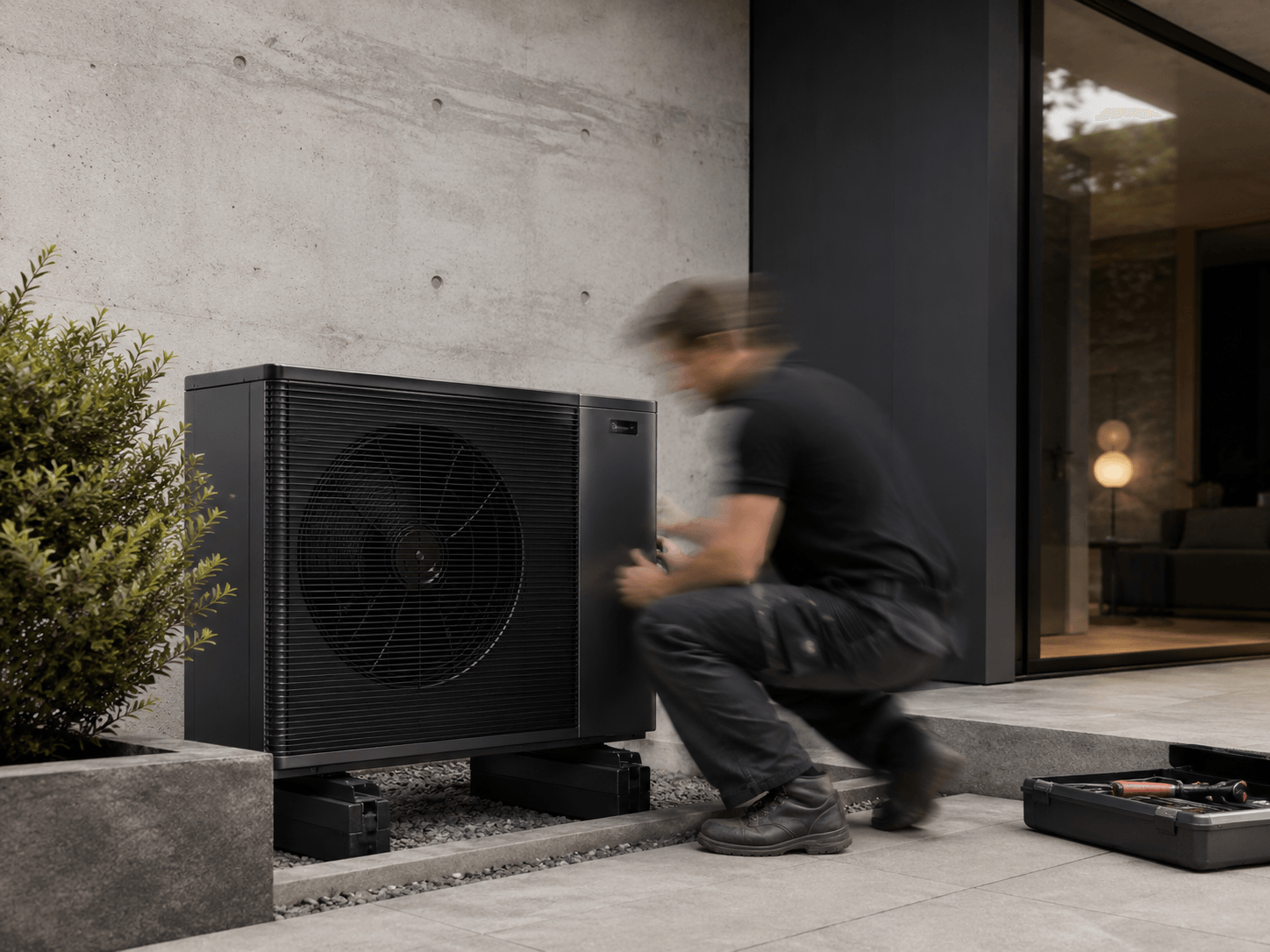 A technician installing an outdoor heat pump