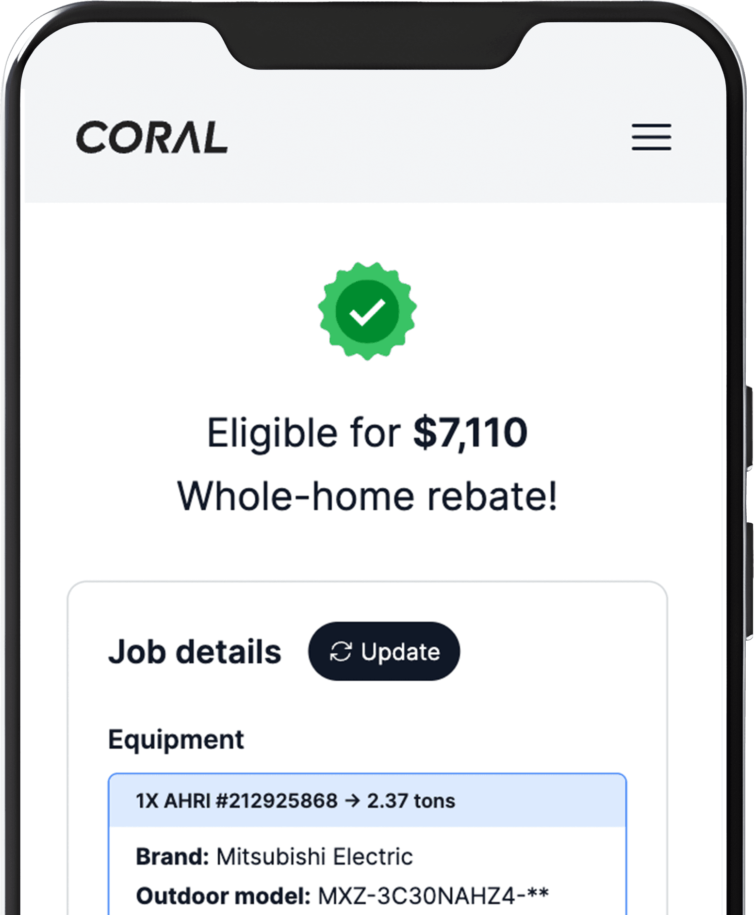 The Coral platform confirming a Mitsubishi Electric heat pump rebate