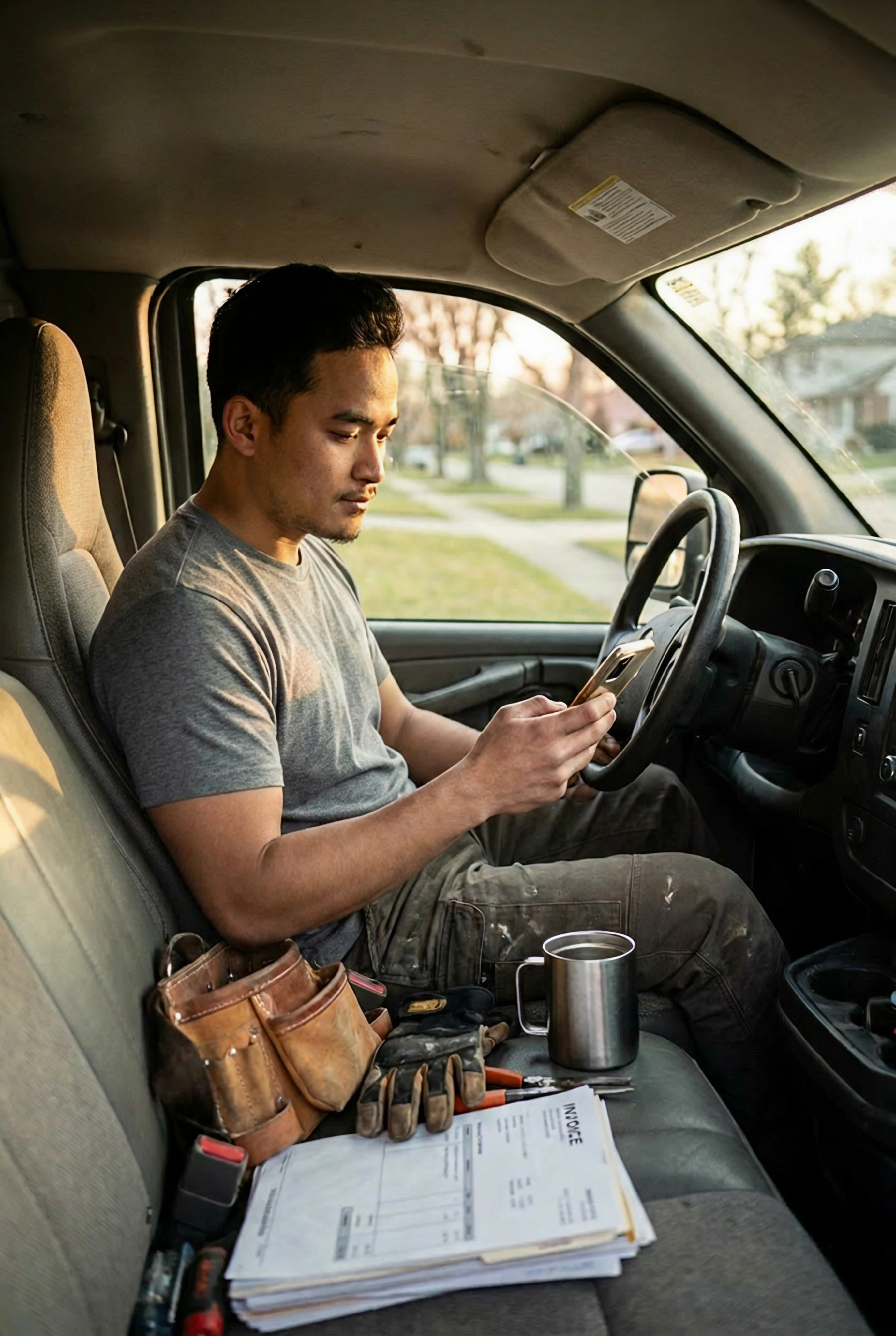 A contractor using a phone in a service vehicle