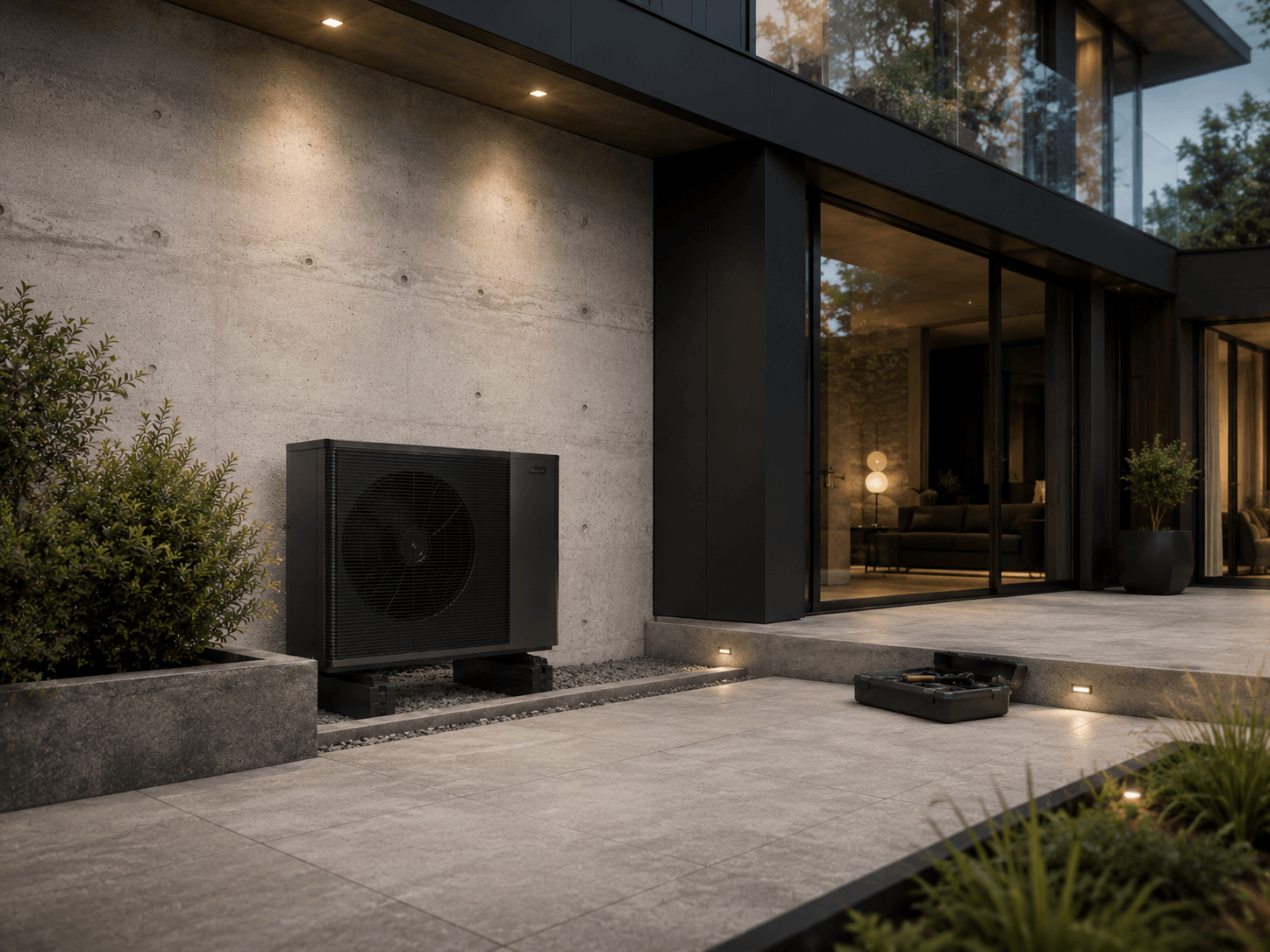 A heat pump installed outside a modern home